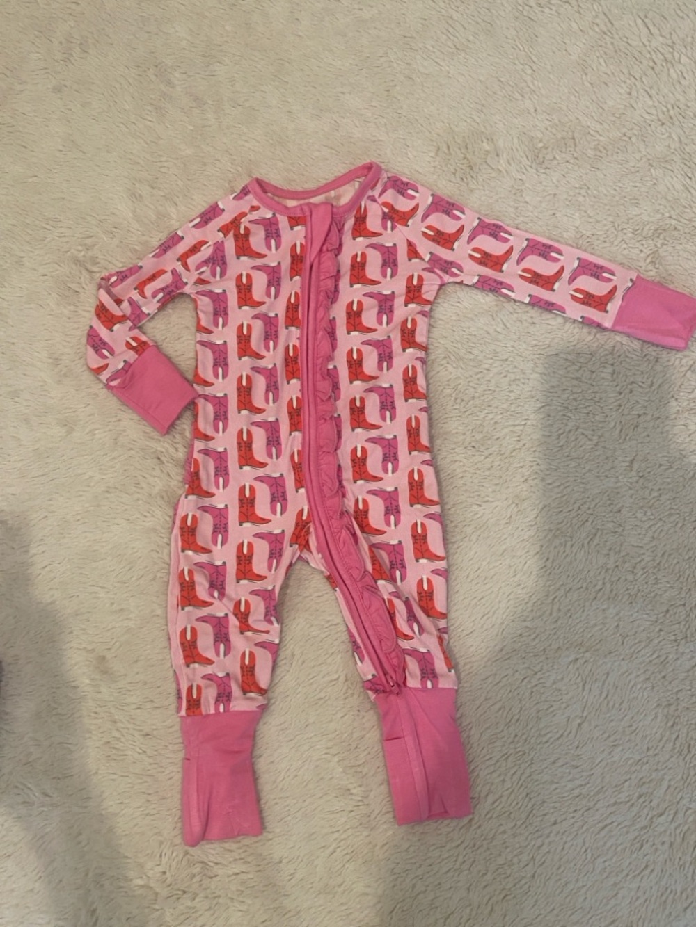 Poppy Kids Co Bamboo Pink Cowgirl Boots Zip Pajamas 3-6 Months Ruffle Butt